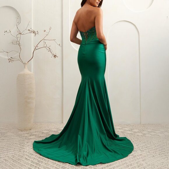 Emerald Green Sequined Rhinestone Strapless Corset Formal Prom Evening Dress 8 - Picture 4 of 5